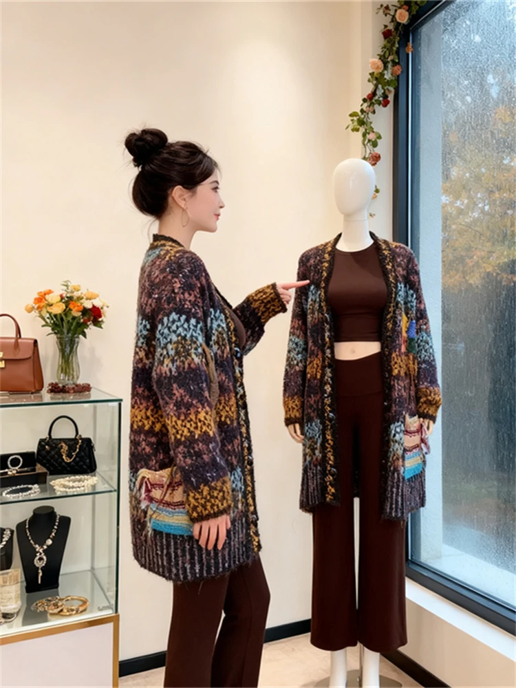 

Ladies Loose Fit Vintage Patchwork Color Open Cardigan Sweater Spring New Sle Comfortable Slimming Versatile Top Coat