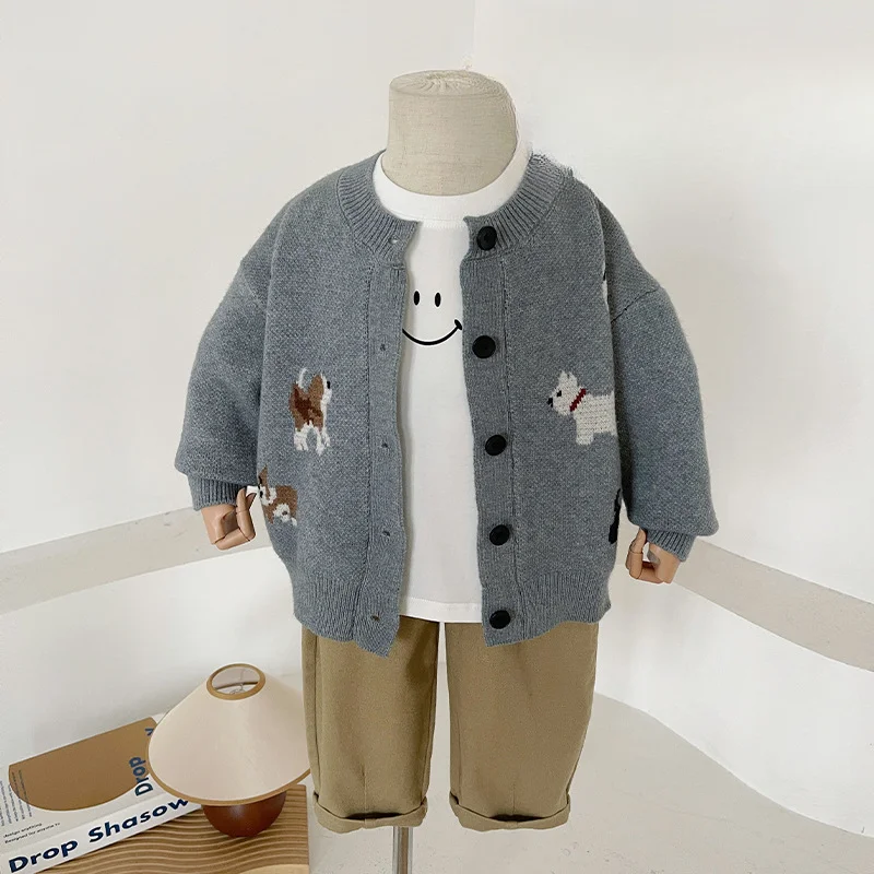 

2024 Autumn New Children's Clothing Children's Day Korean Cute Puppy Sweater Boys and Girls Fashion Casual Gray Knitted Sweater
