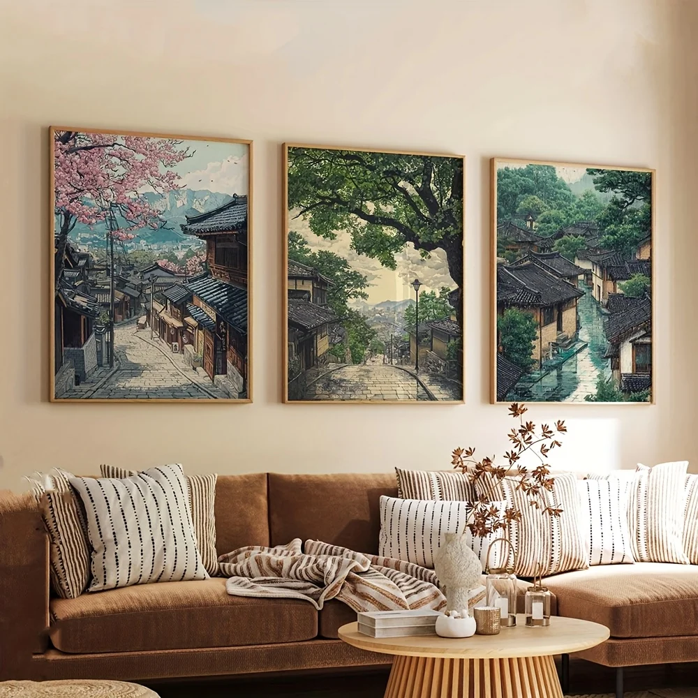 3 Stück Retro-Leinwand-Wandkunstposter mit Seoul-Stadtlandschaft, ungerahmte Korea-Straßendrucke für Wohnzimmer- und Schlafzimmerdekorationen, Geschenke