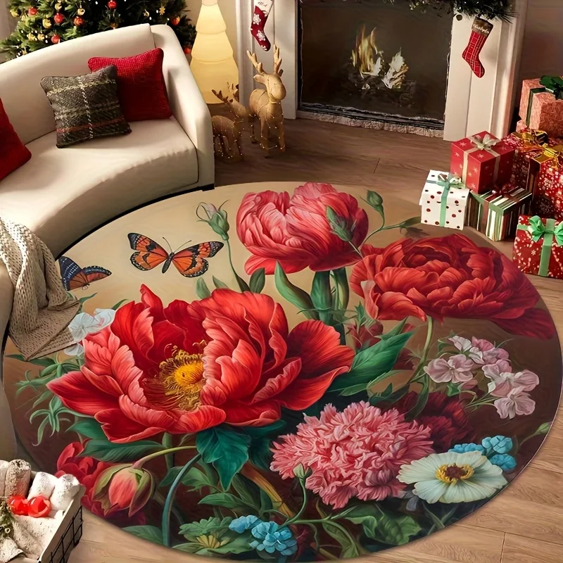 Red Peony Butterfly Floral Printed Round Floor Rug, Vintage Flower‑style Decor Mat for Living‑room, Balcony and Household Indoor