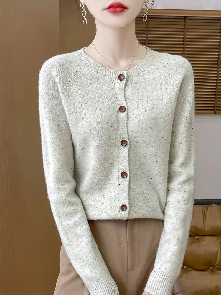 

Autumn Winter 100% Merino Wool Knitted Sweater Color Dots Cardigan O-Neck Thick Warm Comfort Soft Women's Casual Clothing Tops