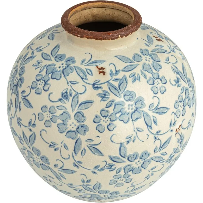 Terracotta Floral Transferware Pattern & Crackle Finish Vase, Blue