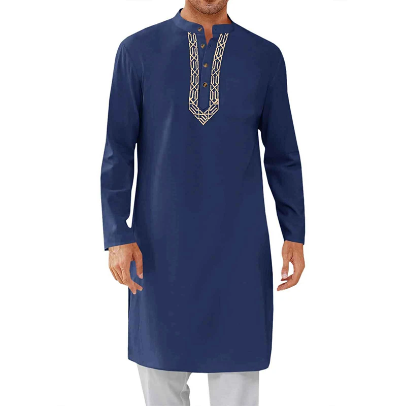 Eid Mubarak Men Muslim Kaftan Long Shirt Luxury Gold Embroidery Henry Neck Long Sleeve Middle East Traditional Robe Casual Abaya