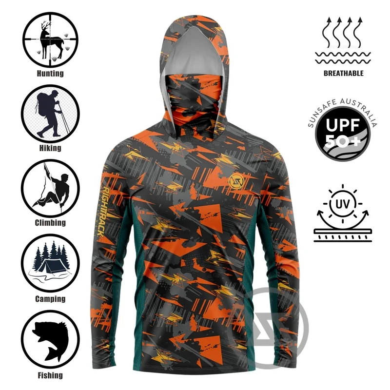 RIGHTTRACK Men‘s Mask Hoodies Fishing Clothing UPF50  UV Camouflage Hunting Climbing Camping Hiking Breathable Angling Apparel