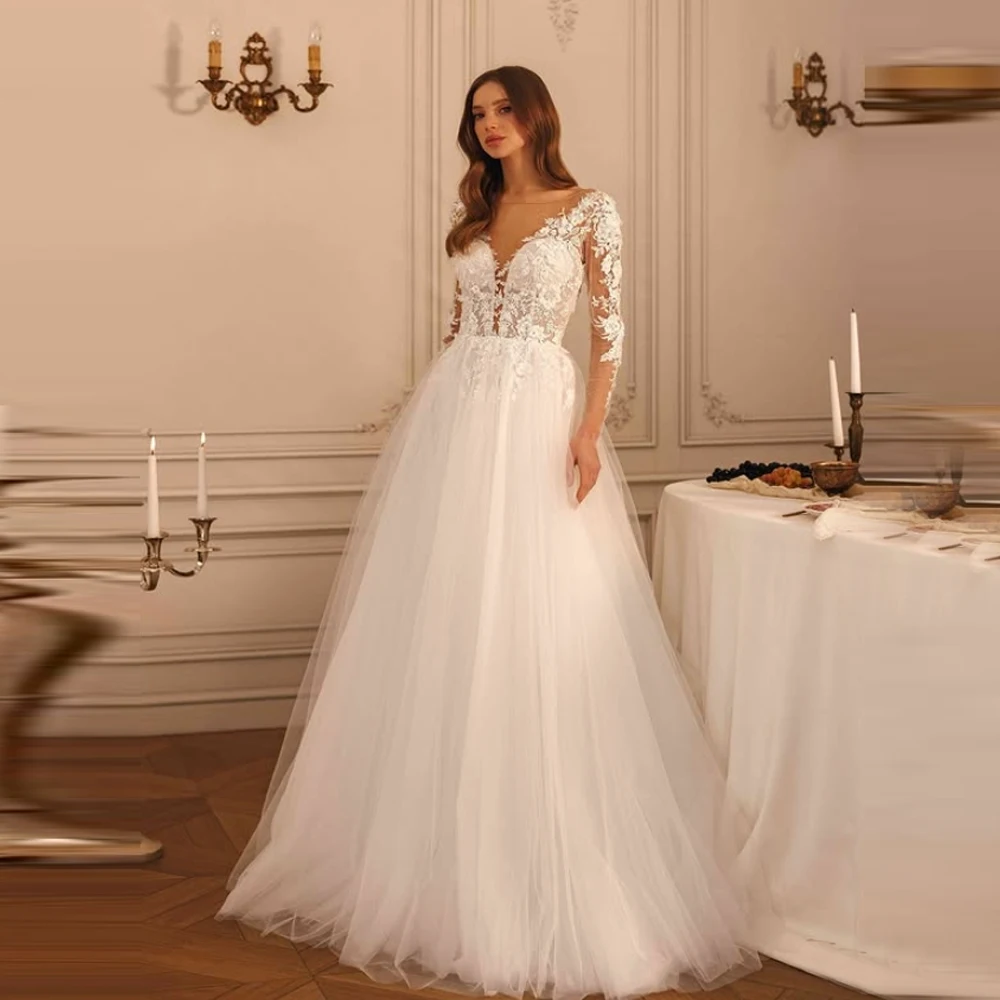 

Off The Shoulder Tulle Women Wedding Dresses Modern A-Line Bridal Gowns Elegant Lace Sleeves Banquet Vestido De Novia Customized