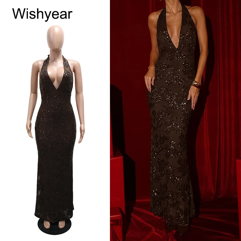 

New Elegant Halter Sequin Evening Formal Long Mermaid Dress Women Sleeveless Backless Bodycon Birthday Party Gown Wedding Guest