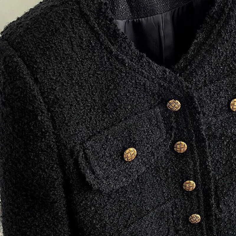 Rimocy Cropped Tweed Jacket Women Korean Fashion Round Neck Single-breasted Jackets Woman Autumn Winter Long Sleeve Chic Coats