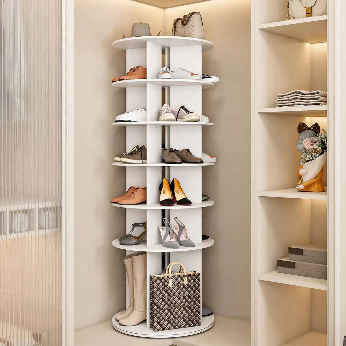 6-Tier Rotating Shoe Rack Tower, 360° Revolving Free Standing Shoe Organizer, Fits 24 Pairs, White, Customized