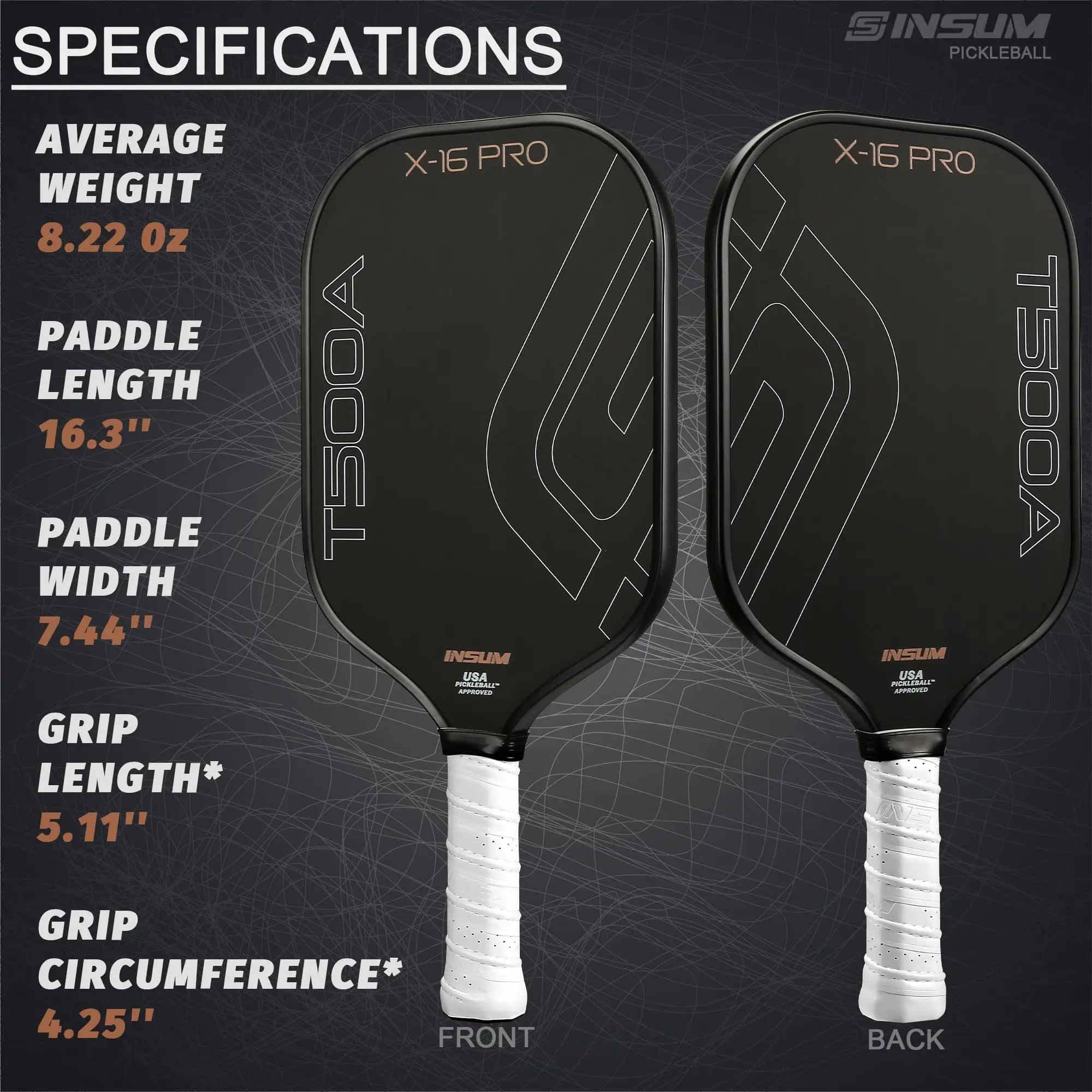 INSUM Pickleball Paddle T500A USAPA Approved Thermoformed Carbon Friction Surface for Maximum Spin 16mm Pickleball Racket