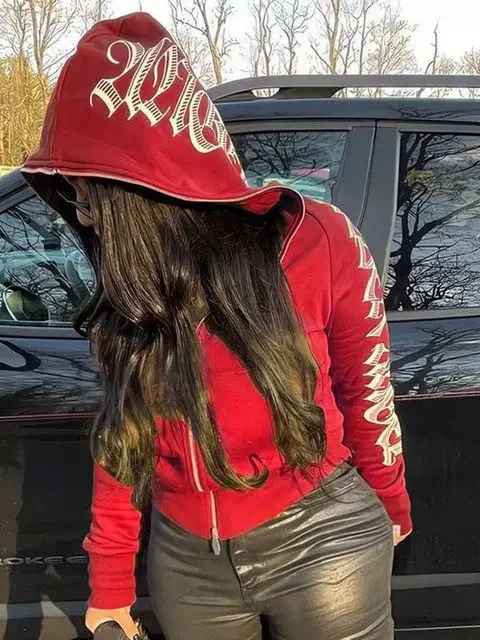 Women Crop Zip Hoodie Y2K Gothic Letter Big Hood Slim Sweatshirt Long Sleeve Cropped Jacket Street Club Daily Casual Outfit