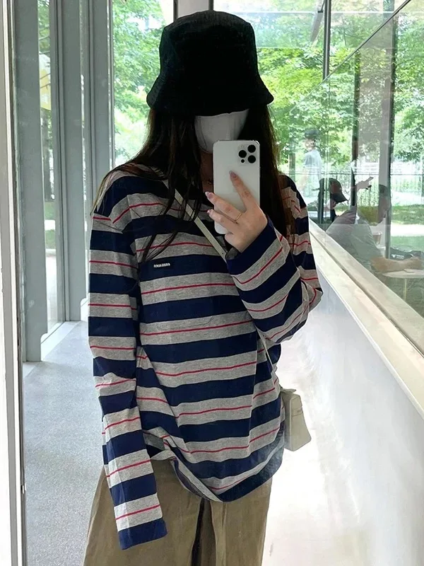 

Женская свободная футболка в полоску Long Sve, круглый топ Ne Midi, хлопок, увлажняющий ng, осенняя мода, рубашка для поездок на работу