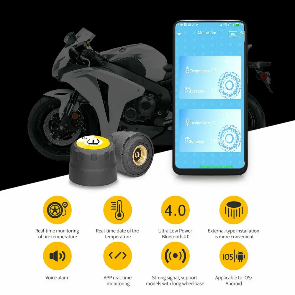 Motorcycle TPMS Sensor Tire Pressure 2 Monitoring System TPMS 2 Sensor Bluetooth 4.0 For Android / IOS Monitor System Tyre Tpms