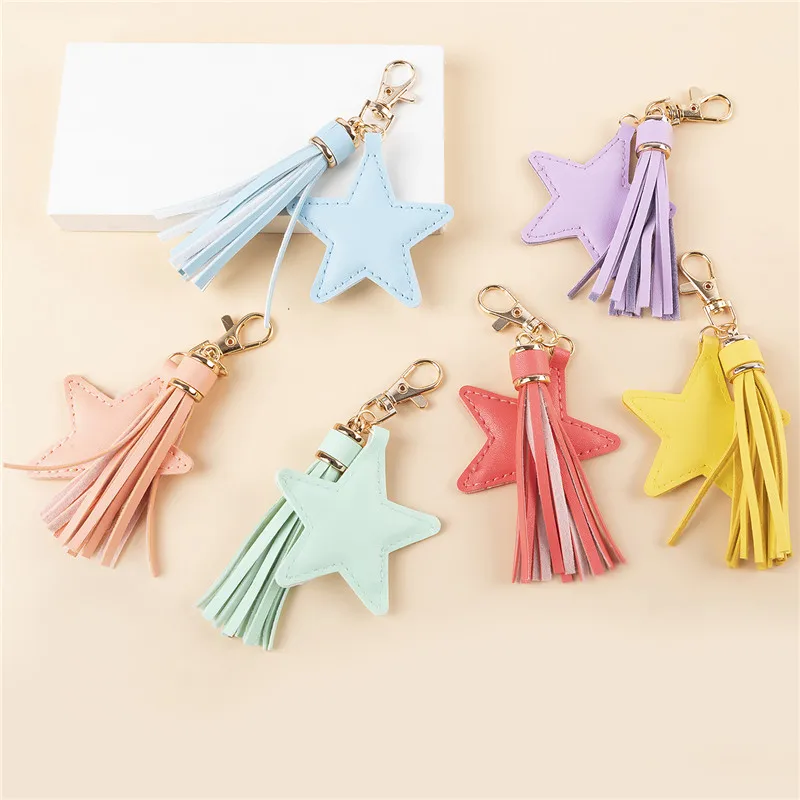 Trendy Colorful Five-Pointed Star Tassel Keychain Leather Pu Key Ring Fashion Women\'s Handbag Accessories Jewelry Gifts