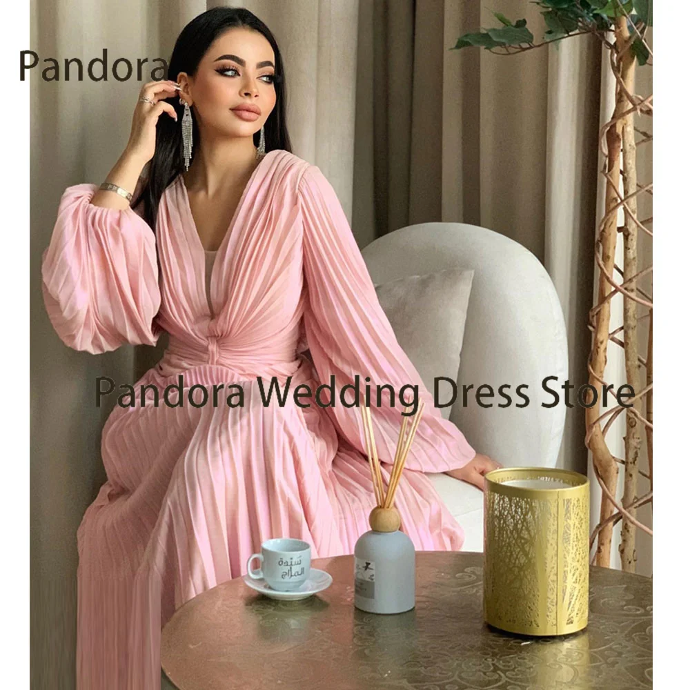 Pandora V-neck floor-length formal evening dress with full sleeve pleated ball gown, Arab Lady birthday wedding party dress