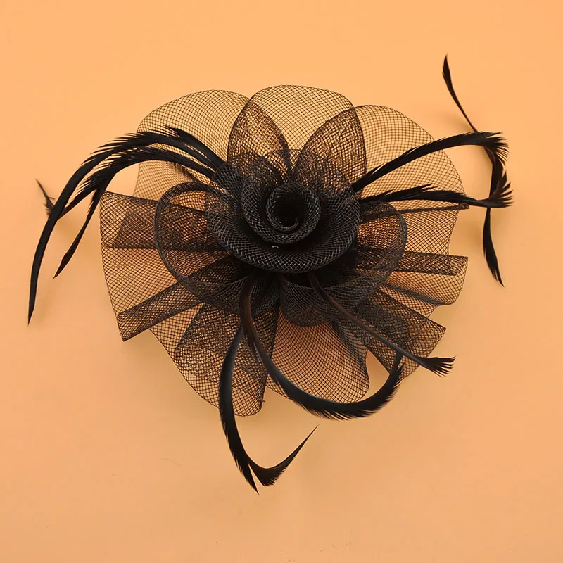 Handmade Tulle Flower Fascinator 2 In 1 Feather Hair Clip Brooch Vintage Bridal Headwear for Wedding Party Race Day