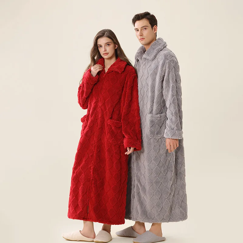 

Thicken Coral Fleece Zipper Kimono Robe Women And Men Winter Sleepwear Warm Flannel Sleepwear Plus Size Home Clothes Pajamas
