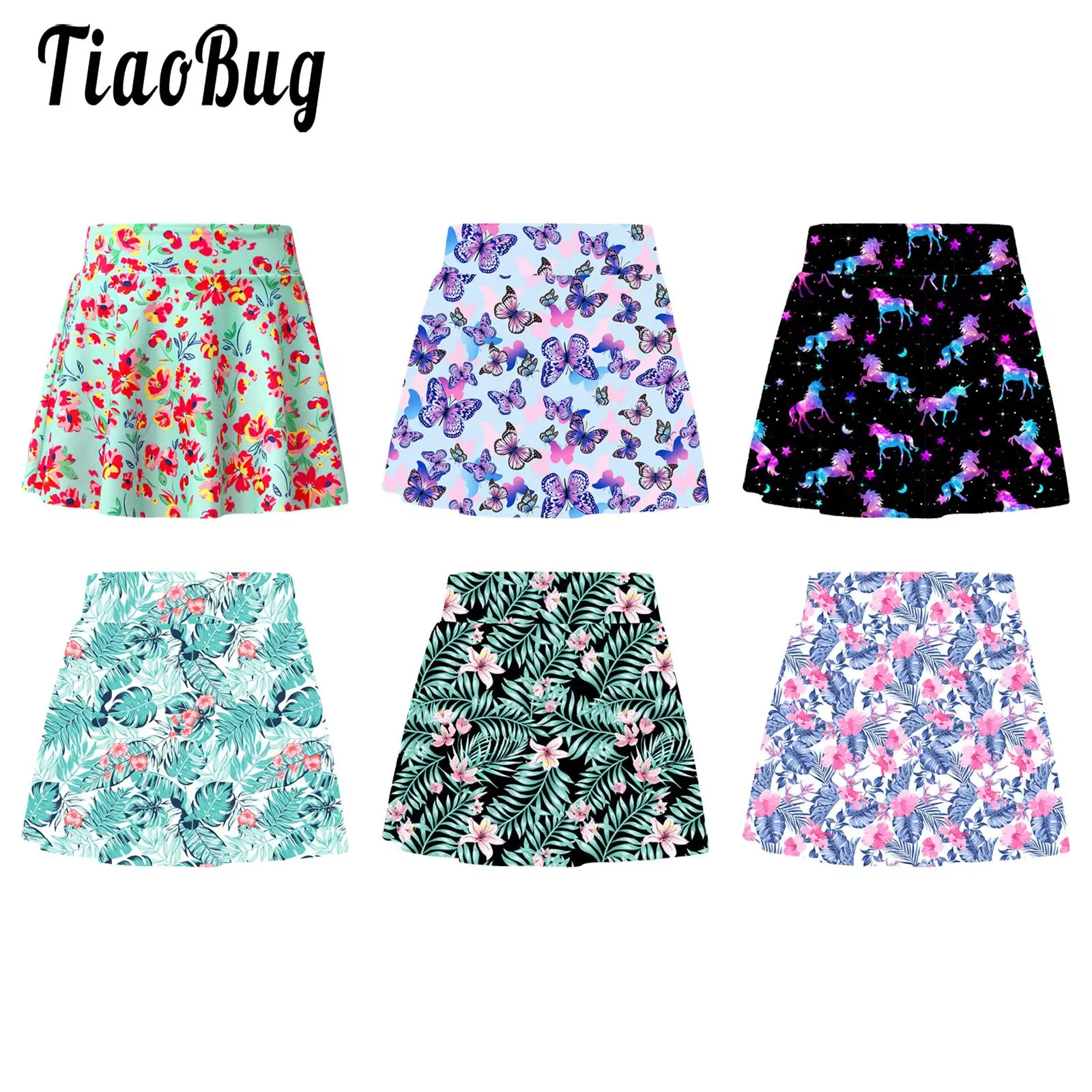 Kids Girls Swim Skirts Elastic Waistband Colorful Print Swim Skirts for Bathing Pool Beach Swimming Sport Wear Girl Teen 4-16Y