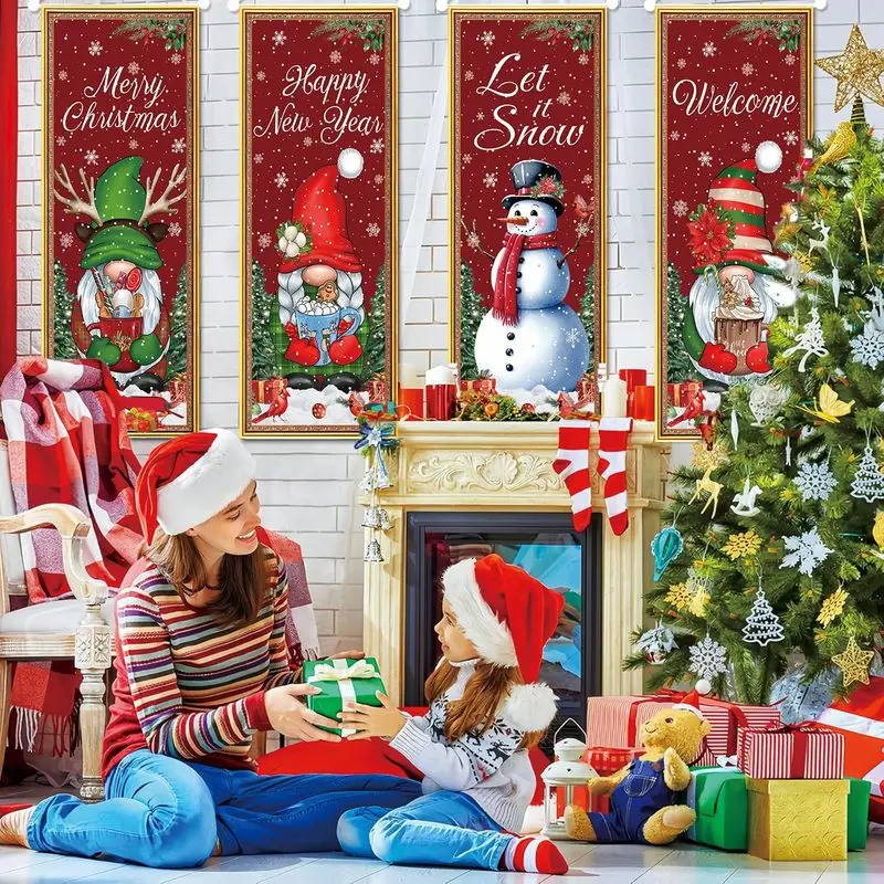 VIKAMA Merry Christmas Banner Gnome Snowman Vertical Wall Hanging Happy New Year Let It Snow Welcome Decor Xmas Holiday Gift