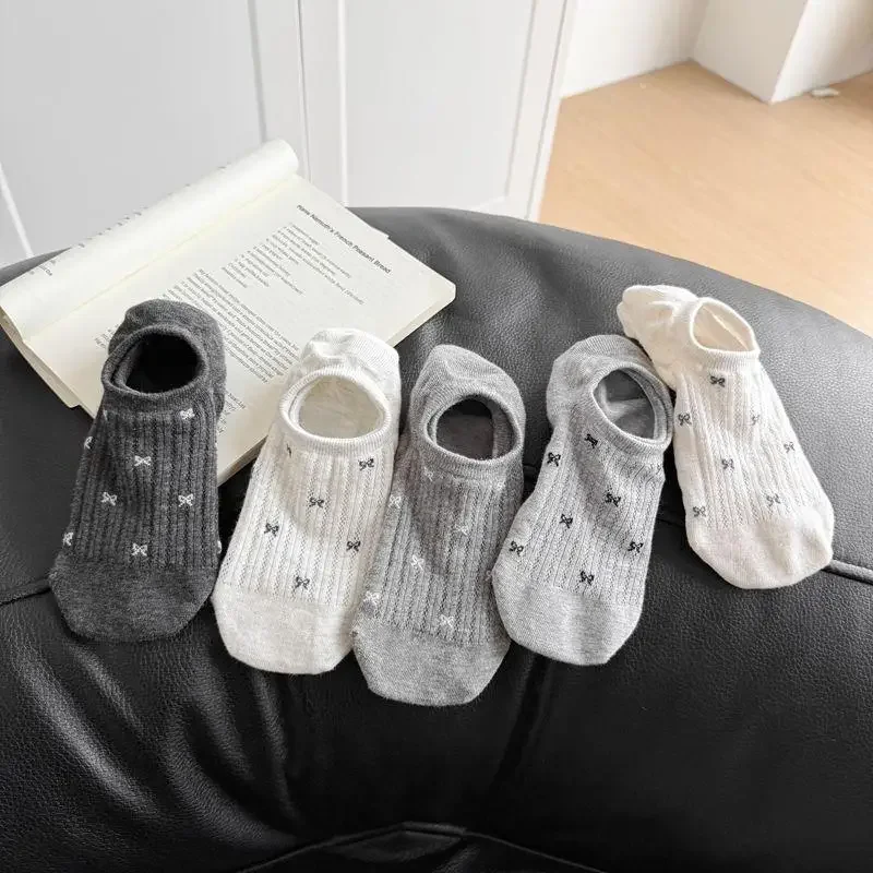 Korean Style Women Ankle Socks with Bow Print, Non-Slip Heel, Summer Breathable Instagram Fashionable Casual Sock