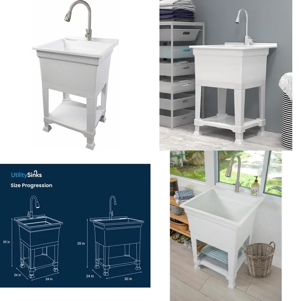 

Heavy-Duty Stainless Steel Faucet Plastic Utility Tub Sink 24 Inch for Garage, Laundry, Garden Use - White