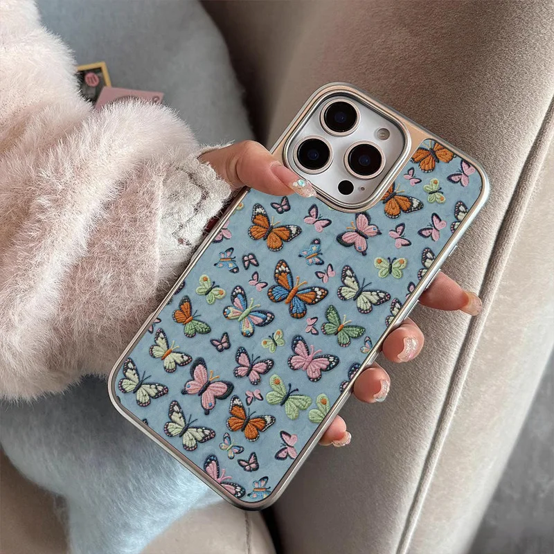 Bestickte bunte Schmetterlinge Silberkante Mattierte Handyhülle Sturzsicher FÜR iPhone Hülle für 11/12/13/14/15/16/17 Pro MAX