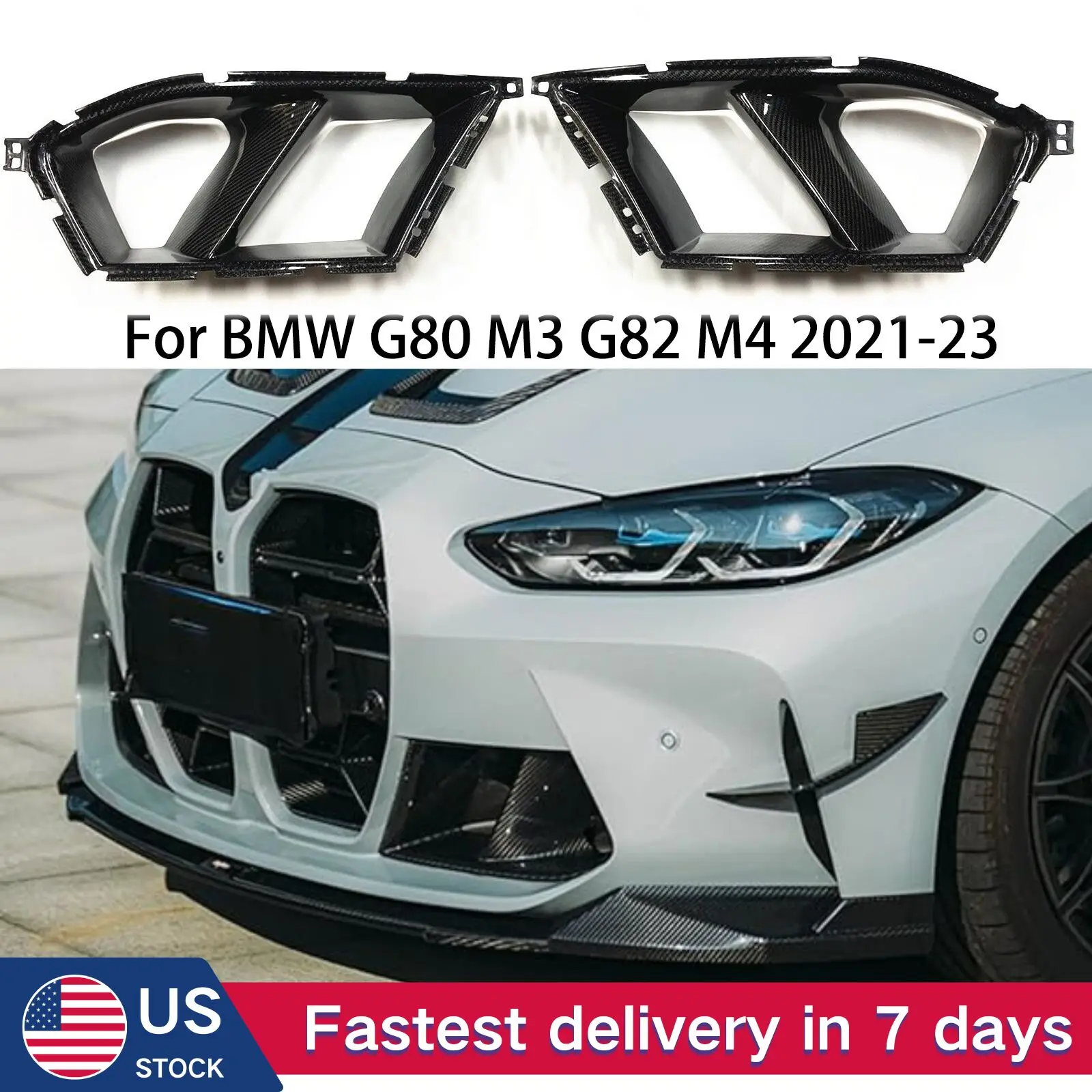 For BMW G80 M3 G82 G83 M4 2021-2024 Front Bumper Side Air Vent Cover Car Fog Cover Decorative Carbon Fiber Look Glossy Black
