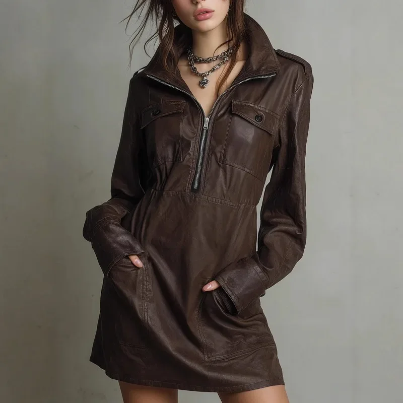 

Autumn Winter New Solid Pu Leather Long Sleeve Pocket Zipper Polo Neck Mini Dress Women Vintage Casual Streetwear Y2K Punk