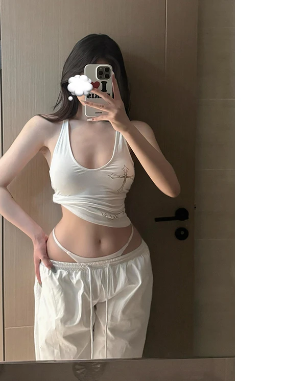 아메리칸 펑크 힙합 워크웨어 탱크탑 아우터웨어 화이트 스트랩 바 매듭 디자인 유니크 스몰 엔스 어퍼 의류