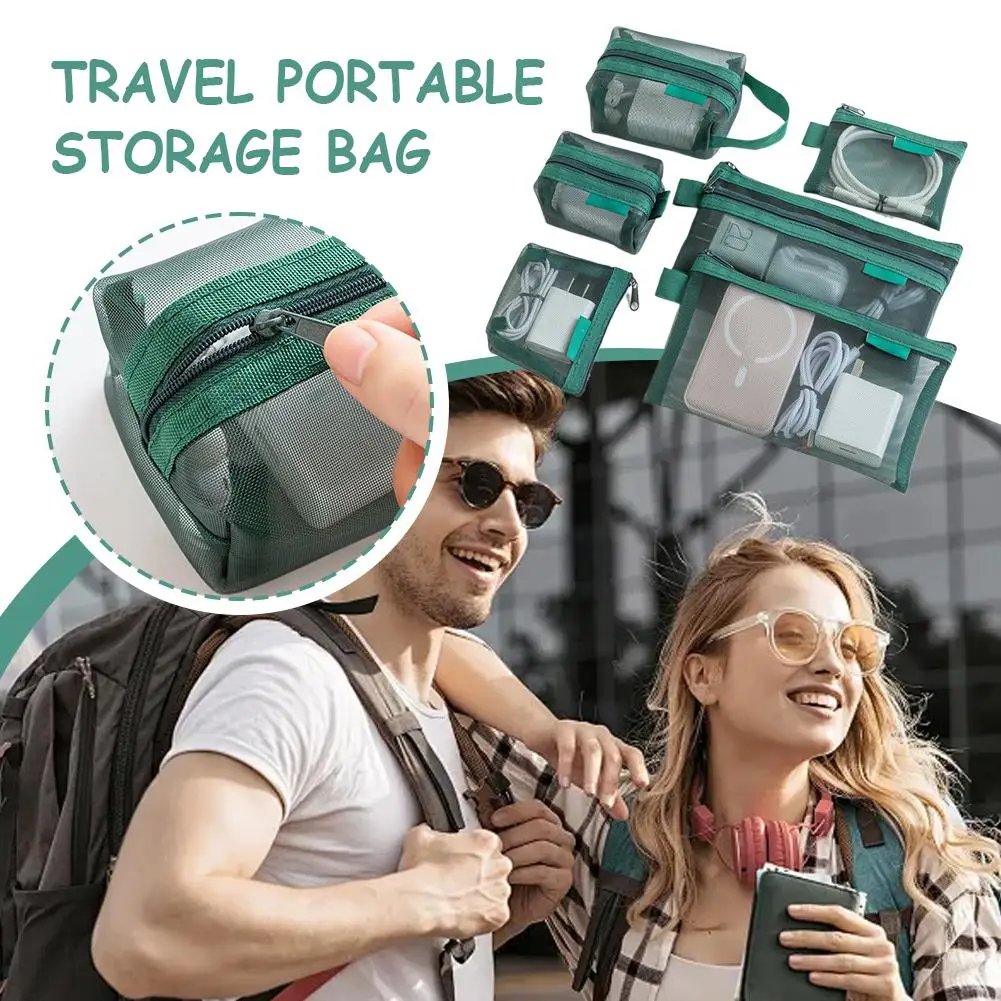 6Pcs Mesh Zipper Storage Bag Set Travel Portable Organizer Pouch for Data Cable Earphone Phone Accessories Cosmetic Coin Case