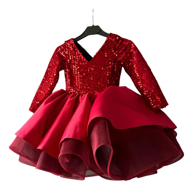 2024 Mädchen Leistungs kleid Weihnachten luxuriöse Baby kleider Kinder Mädchen Pailletten rotes Ballkleid Kinder elegante Party kleidung