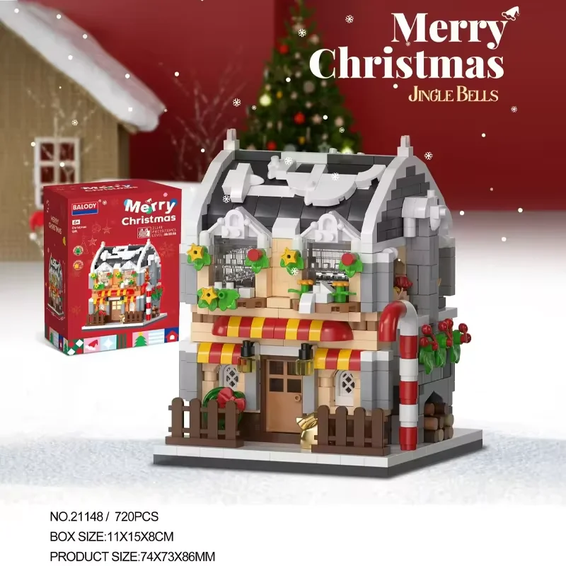 Casa de neve de natal mini blocos de construção conjunto varanda café doces livro loja cidade vista 3d modelo tijolo meninos brinquedos crianças