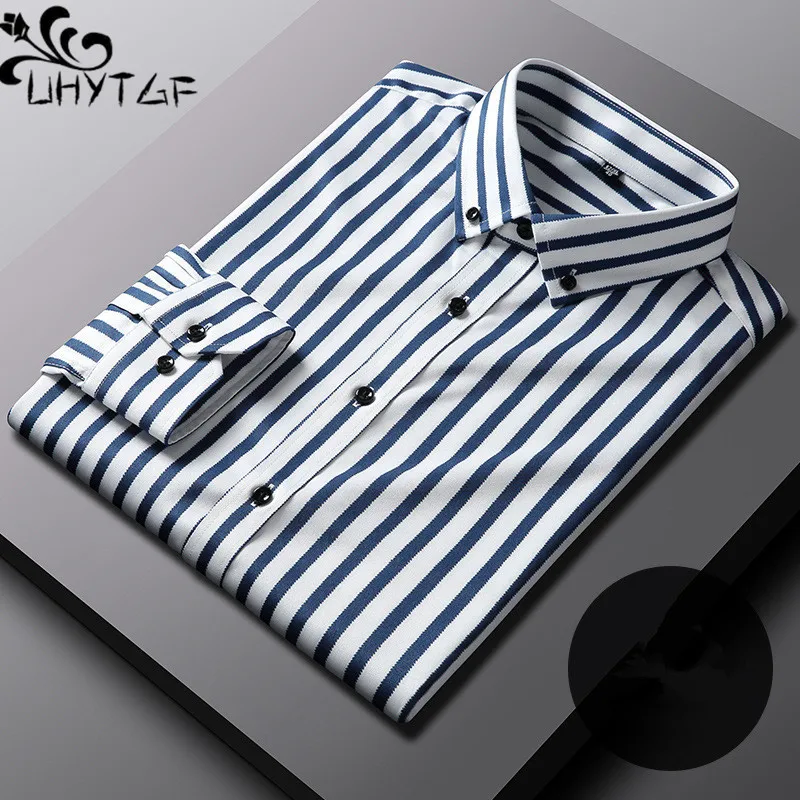 

UHYTGF Business Casual Men's Clothes Long-Sleeved Striped Spring Summer Shirt Male Single-Breasted Slim Blouses For Men Tops 271