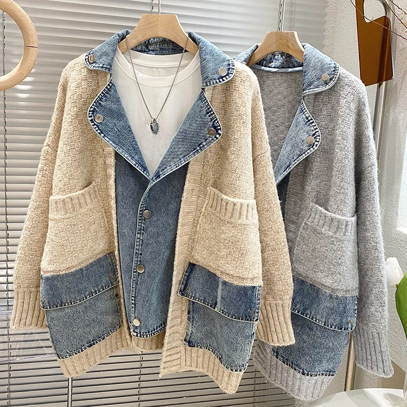 2024 New Autumn Winter Women Splicing Denim Jacket Women Long Sleeve Jean Jackets Female Loose Sweater Cardigan Jacket