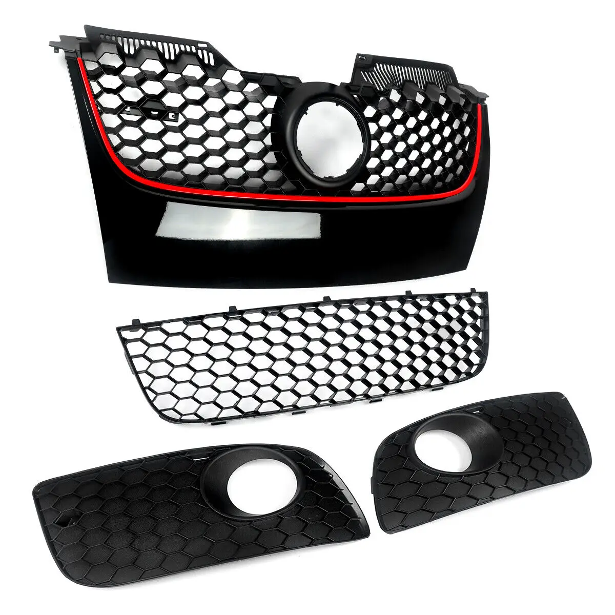 Car Honeycomb Hex Mesh Front Bumper Lower Grills Racing Grills Black w/ Red Trim For VW Golf MK5 Jetta/GLI/GTI 2006-2009