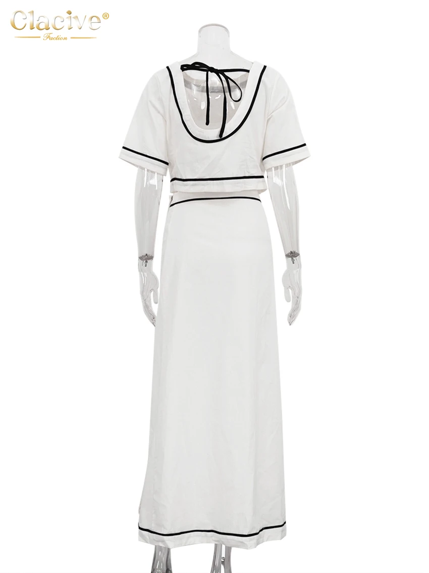 Clacive Summer Loose White Cotton Skirts Set 2 Piece Woman 2025 Fashion Short Sleeve Shirt With High Waist Long Skirt Set Female