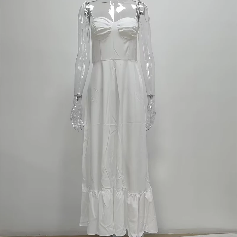 Robe camisole blanche américaine pour femmes, tenue d'été à volants, taille haute, bretelles à nœud réglables, fines bretelles Spaghetti