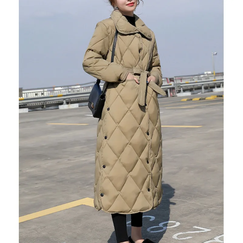 2021 Winter Long Overcoat Women Pattern Casual Sashes Parkas Female Pockets Puffer Jacket Cotton-padded Outwear