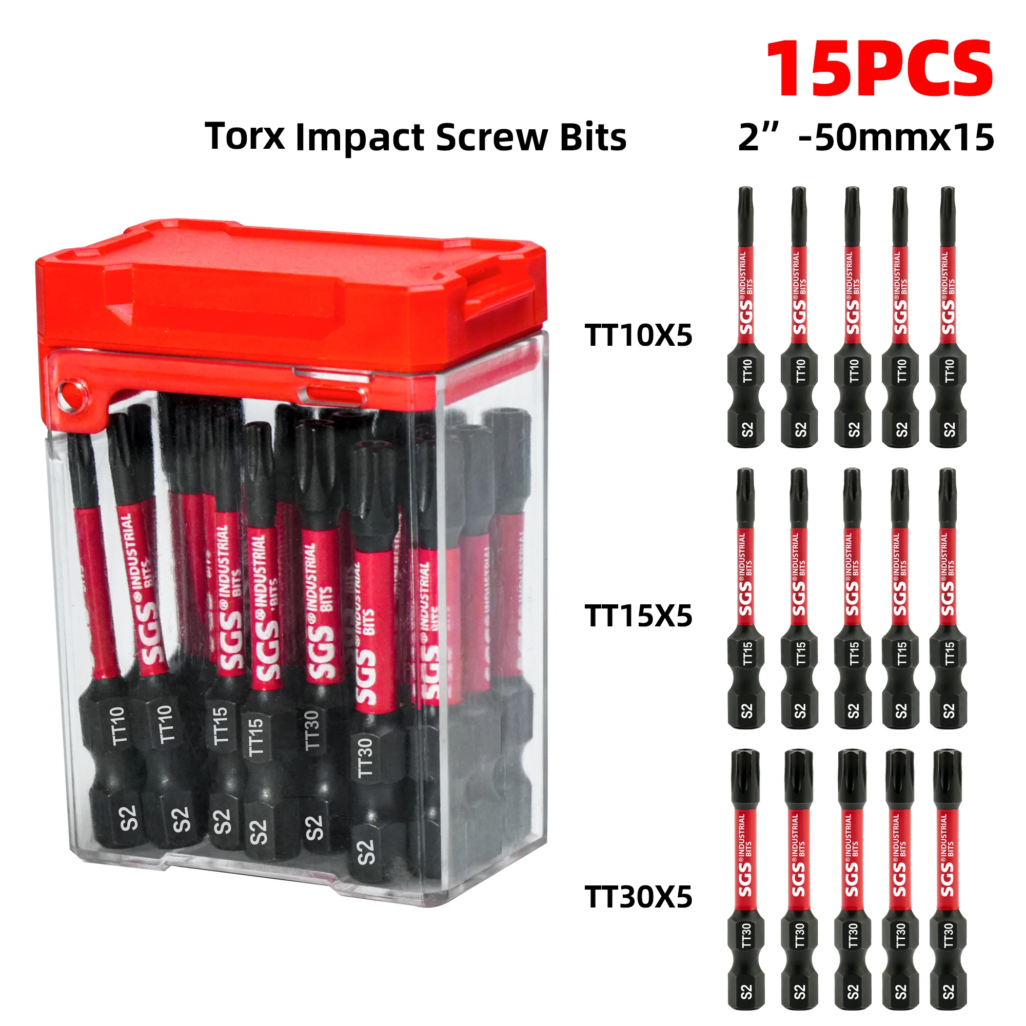 15-Piece Tt10/15/30 Safety Torx Screwdriver Bit Set, 50mm Standard Model, S2 Alloy Steel, Industrial-Grade Material, Strong Torq