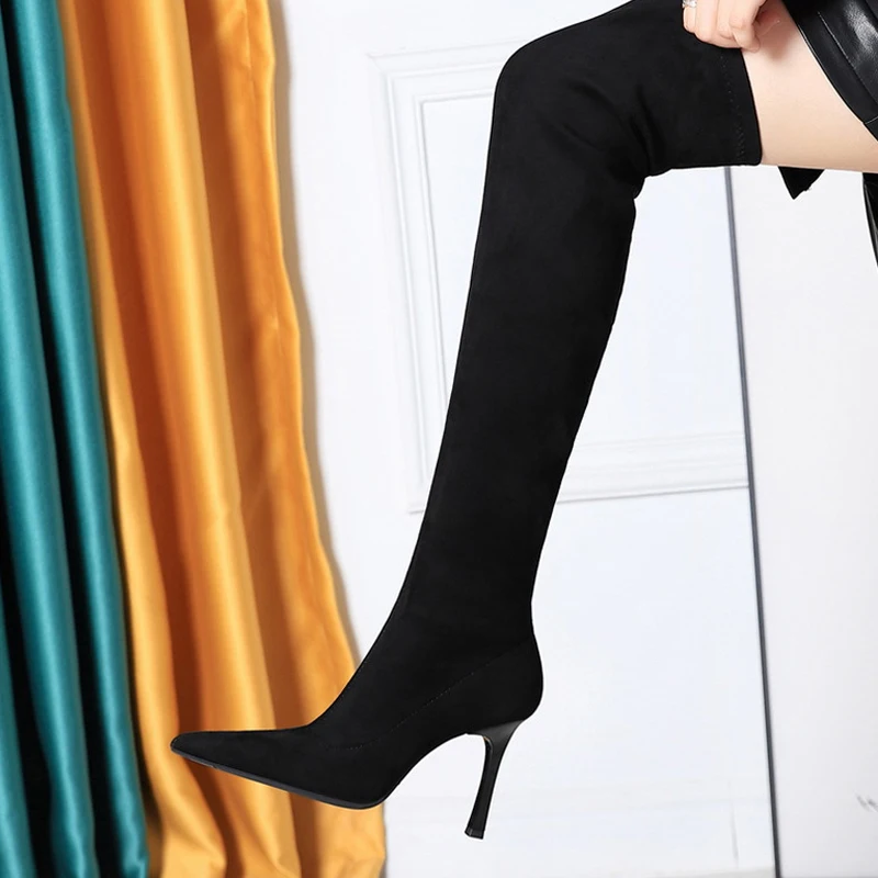 BIGTREE Fashion Pointed toe Women Knee Length Boots Winter Sexy Long Boots High Heels Stilettos Elastic Boots