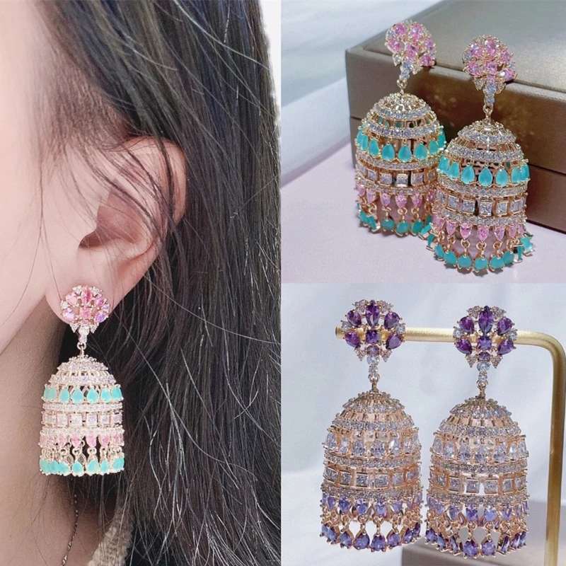SENYU Super Luxury Wind Chime Bell Shape Earrings Paved Cubic Zirconia for Women Dubai Bridal Jewelry Indian Party Drop Earring