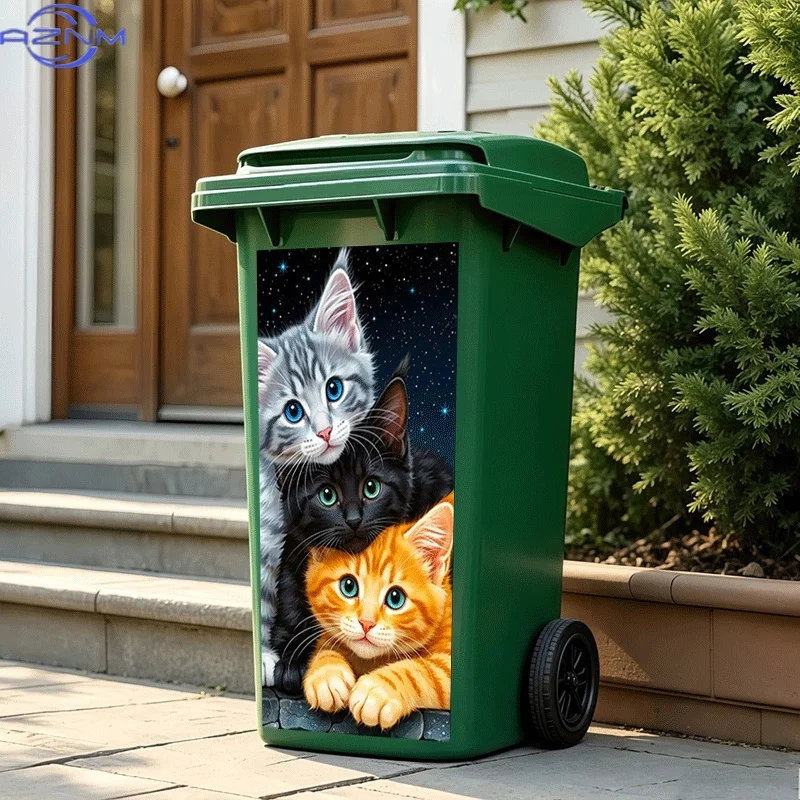 2D Flat Printing 1pc Trash Can Sticker  Cute Cat Under the Starry Sky Animal Theme Design Self-Adhesive Wall Decal Wallpaper K
