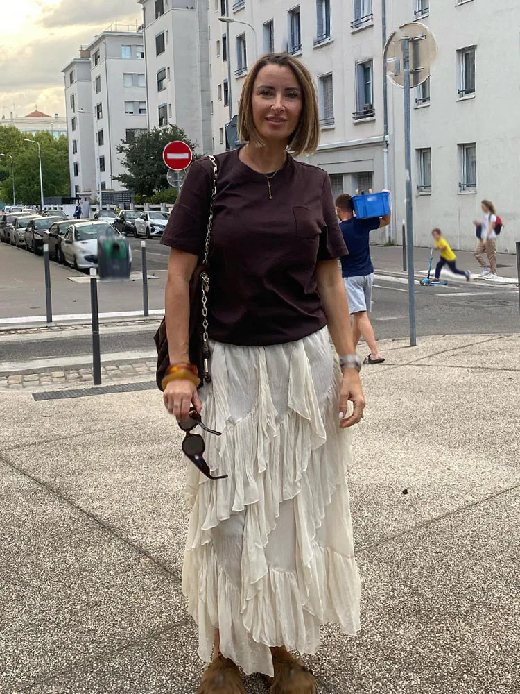 

HH Women Elegant Chic Stacked Ruffle Decoration Midi Skirt Summer Woman High Waist Solid Skirt Seaside Vacation Beach Skirt