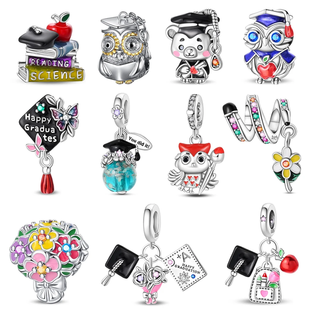 Cute 925 Sterling Silver Bear Phd Beads & Schoolbag & Bachelor's Hat & Apple Dangle Charm Fits Bracelet Graduation Party Gifts