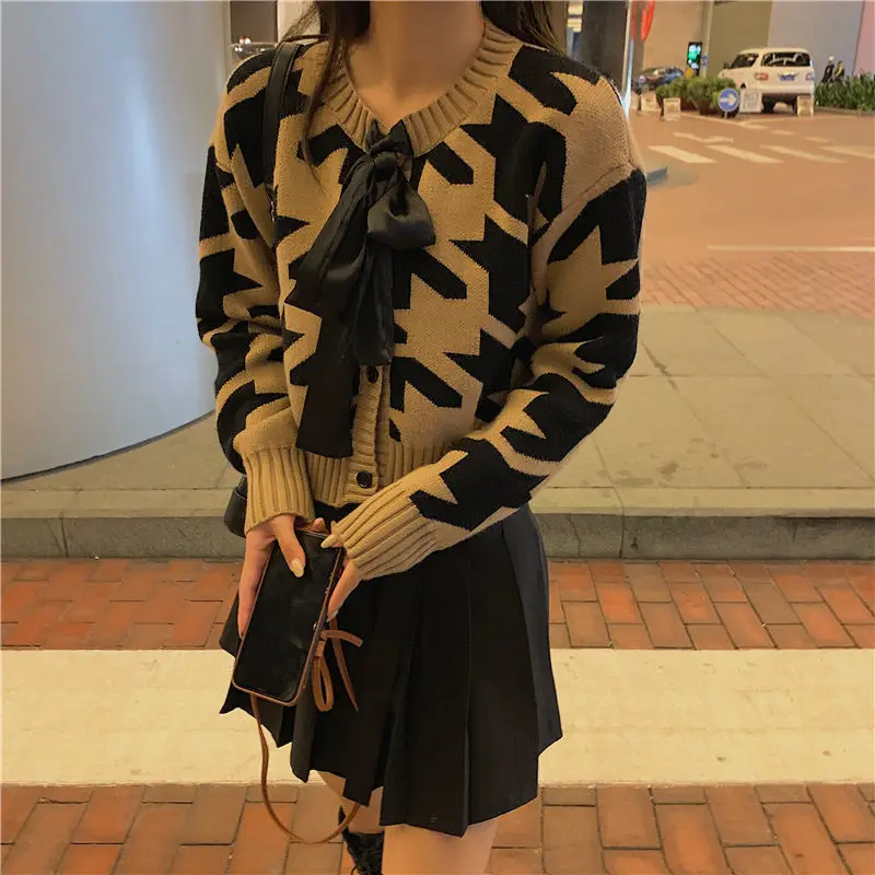 

Autumn Winter Houndstooth Print Couple Sweater Thick Trend Chic Pullover Women Fashion Casual Lady Tops All Match Female Clothes