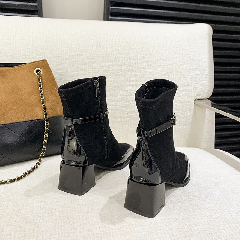 Women Ankle Boots Square Toe Block Heel Faux Suede Cap Slim Fit Office Vintage Ladies Casual Autumn Winter Boots Shoes For Woman - view 6