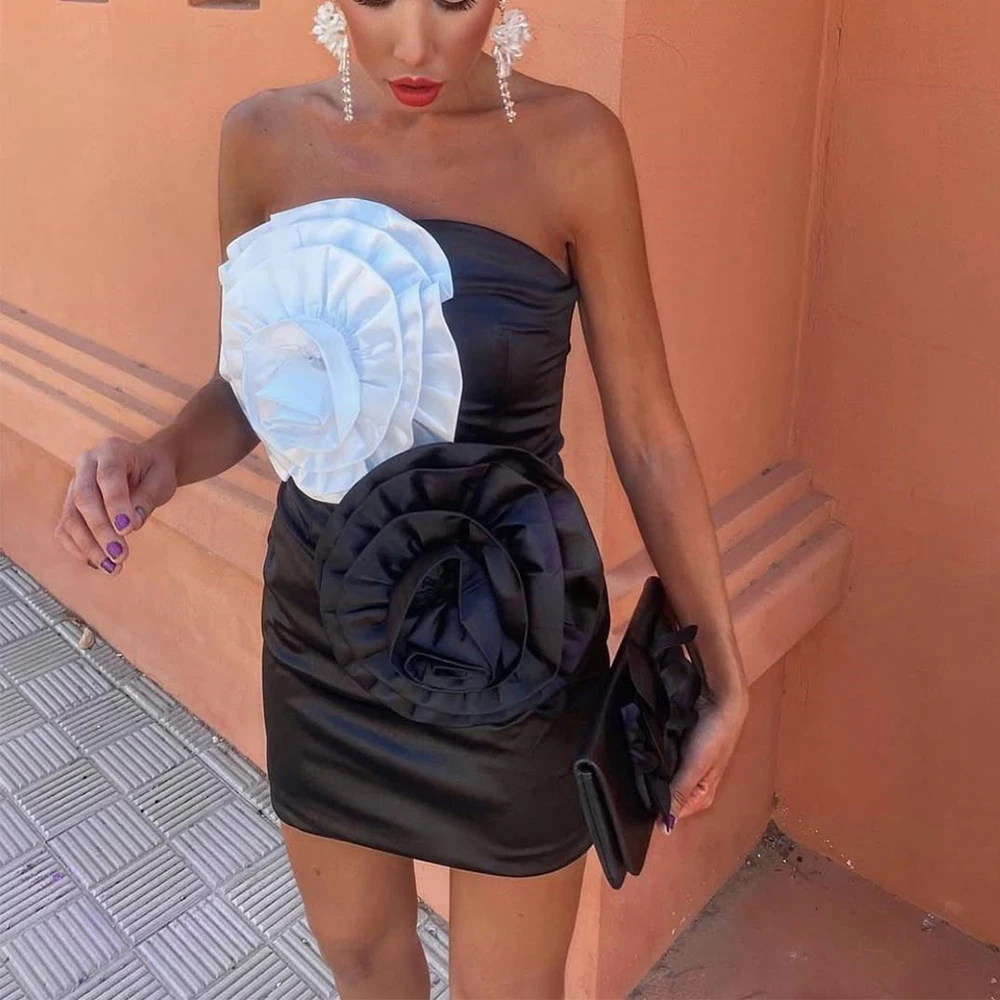 

Flechazo Simple Mini Evening Dress Strapless Satin with White and Black 3D Handmade Flower Above Knee Customized Party Gowns