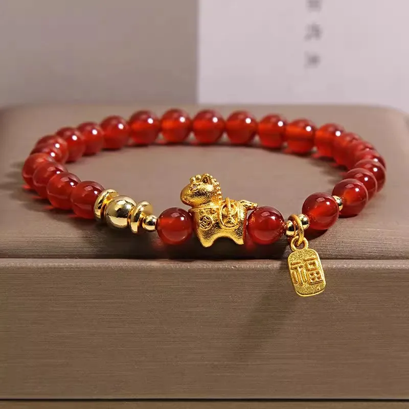 2026 Year of the Horse, zodiac year, red agate bracelet, women's light luxury, niche, immediately rich fortune card bracelet
