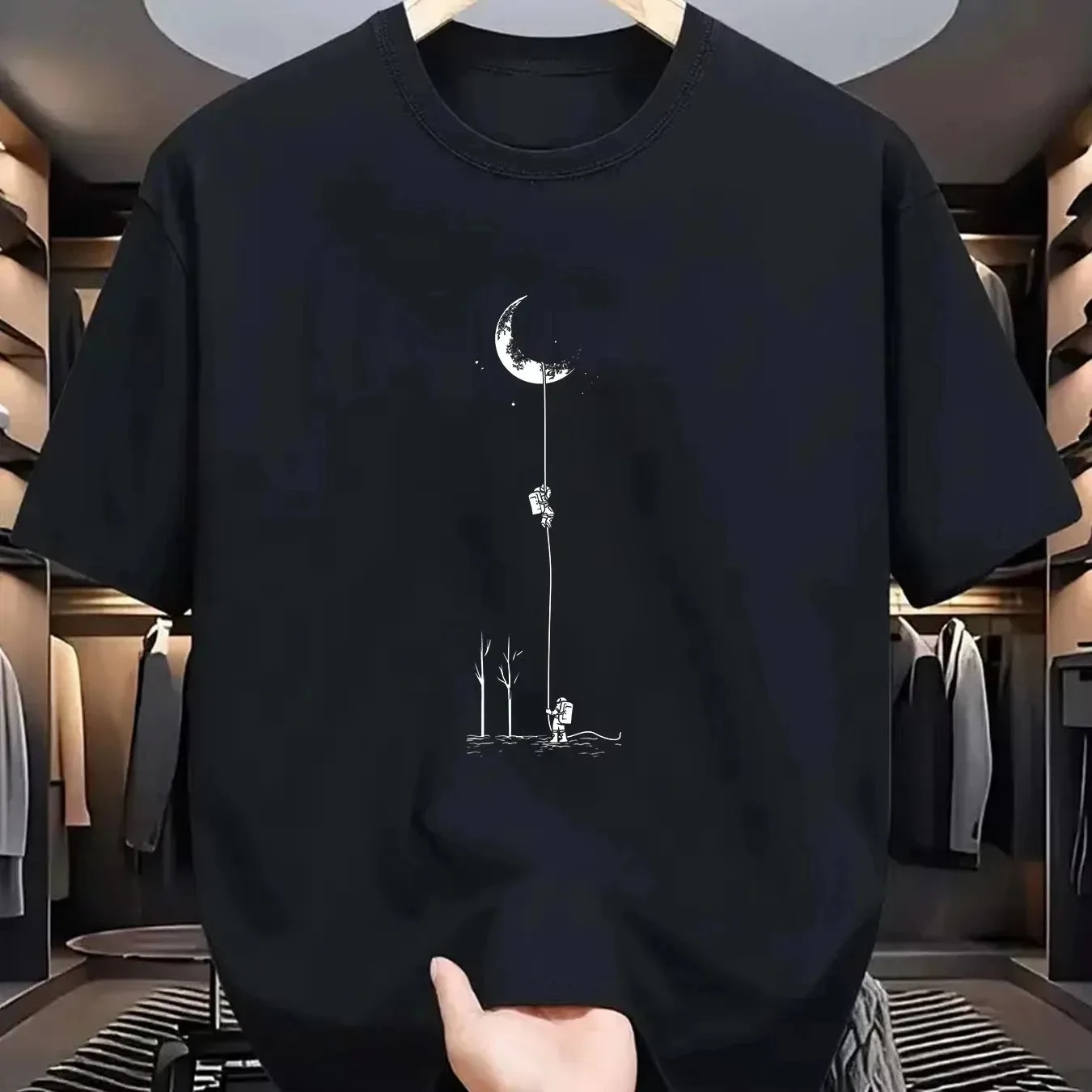 Summer Hot Sale Men's Casual Loose Fit Plus Size Moon Landing Pattern Printed O Neck Short Sleeved T-shirt Top High Quality