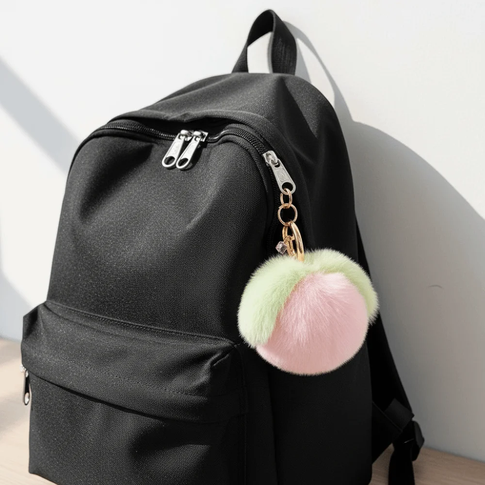 

Fruit Theme Soft Fur Furry Keychain Fluffy Pink Peach Fruit Keychain Kawaii Style Cute Design Keychain Bag Accessory