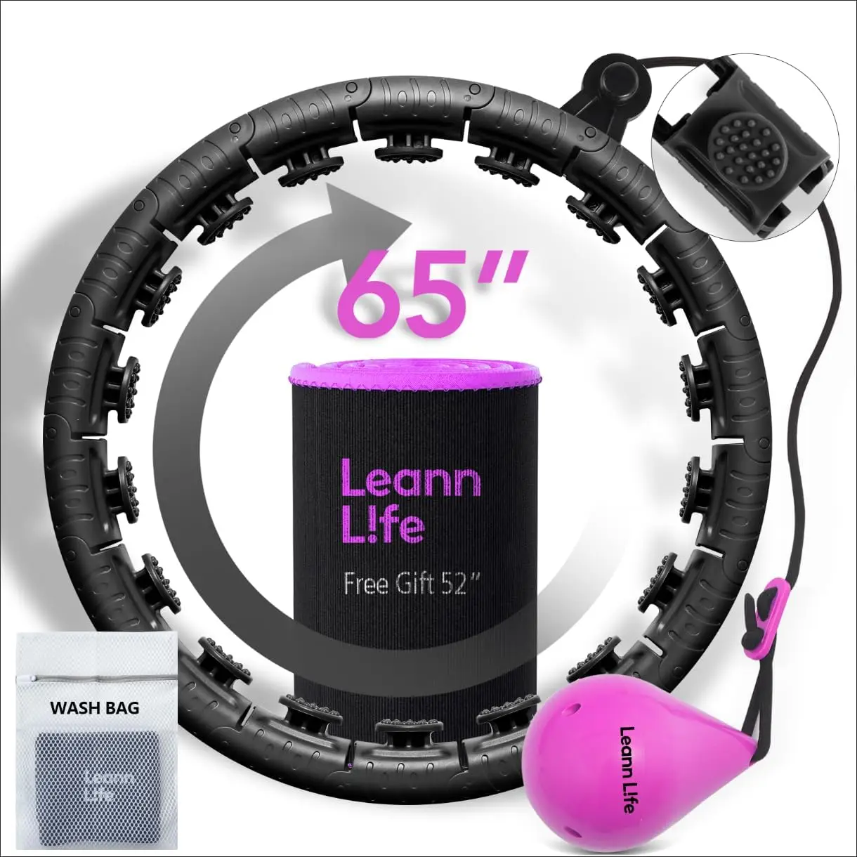 U2 Black-32 Knots 19”- 65”, Detachable & Size Adjustable Weighted Hula Hoop for Kids Adults Weight Loss, Infinity Hoop Plus Size